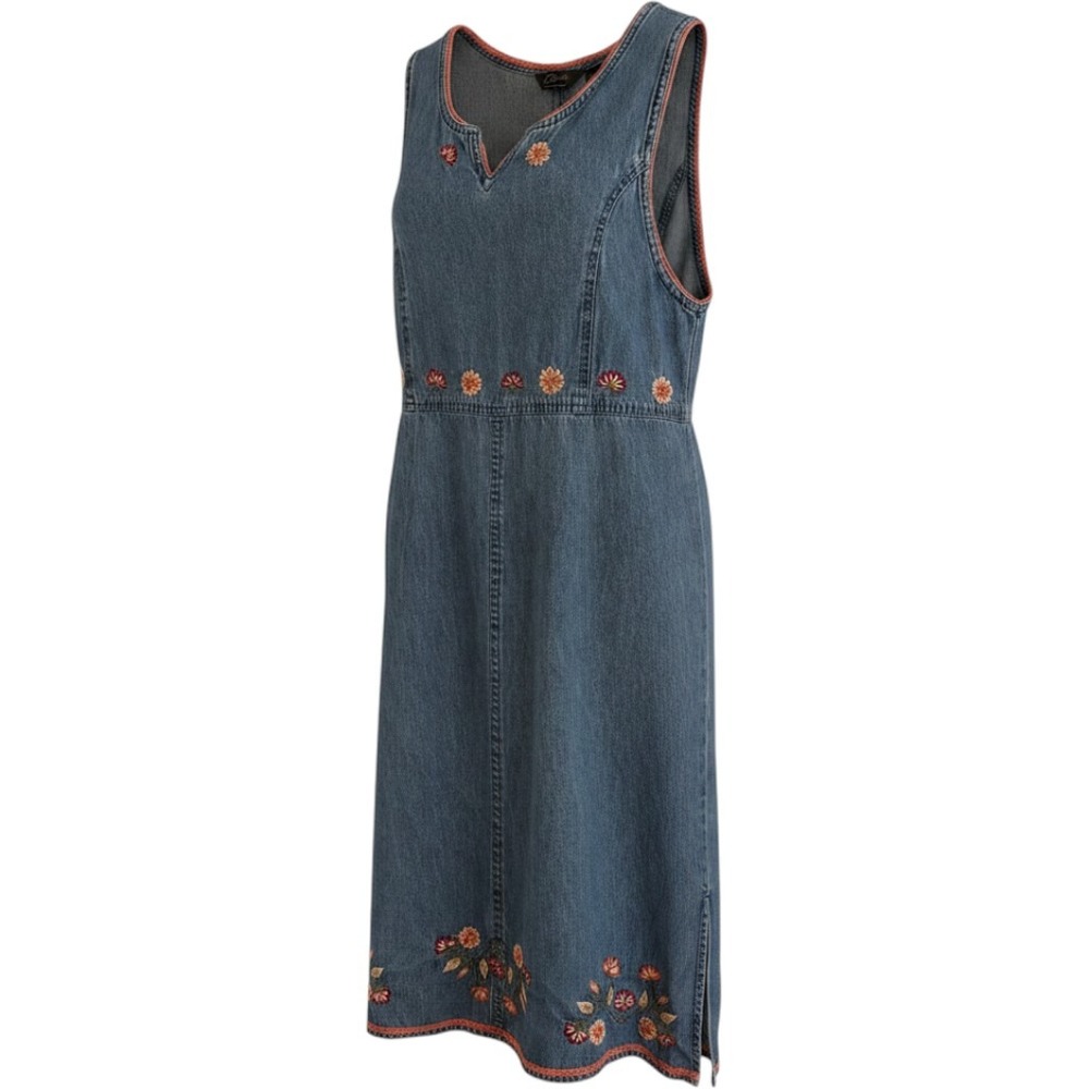 Agaro Petite large Denim Floral Embroidered Midi Dress Western Boho Crochet Trim